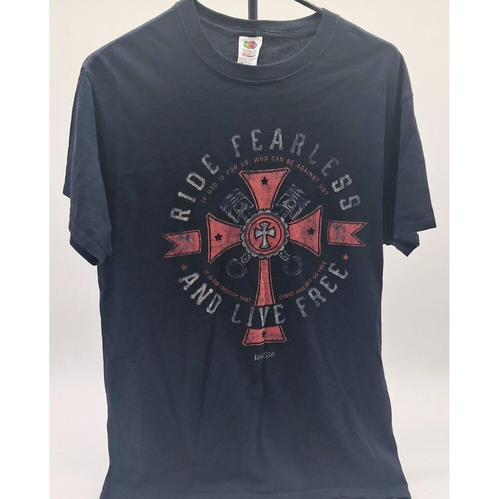 Vintage Kerusso Christian T-Shirt Men's Medium Ride Fearless Iron Cross Biker